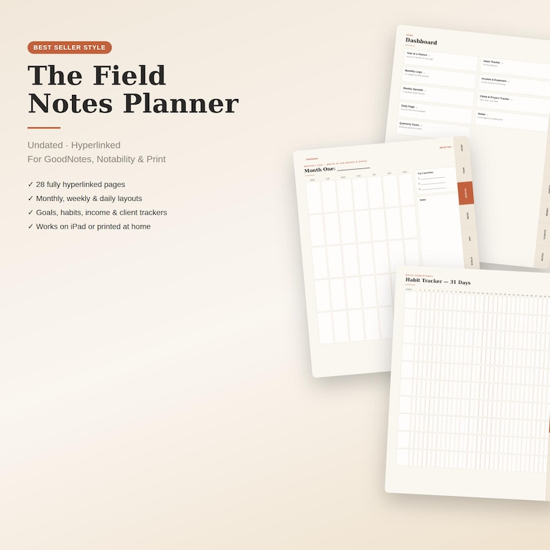 May include: A digital planner titled The Field Notes Planner with undated, hyperlinked pages for GoodNotes, Notability, and print. The layout includes a dashboard, monthly views, and a 31-day habit tracker with white pages and dark text.