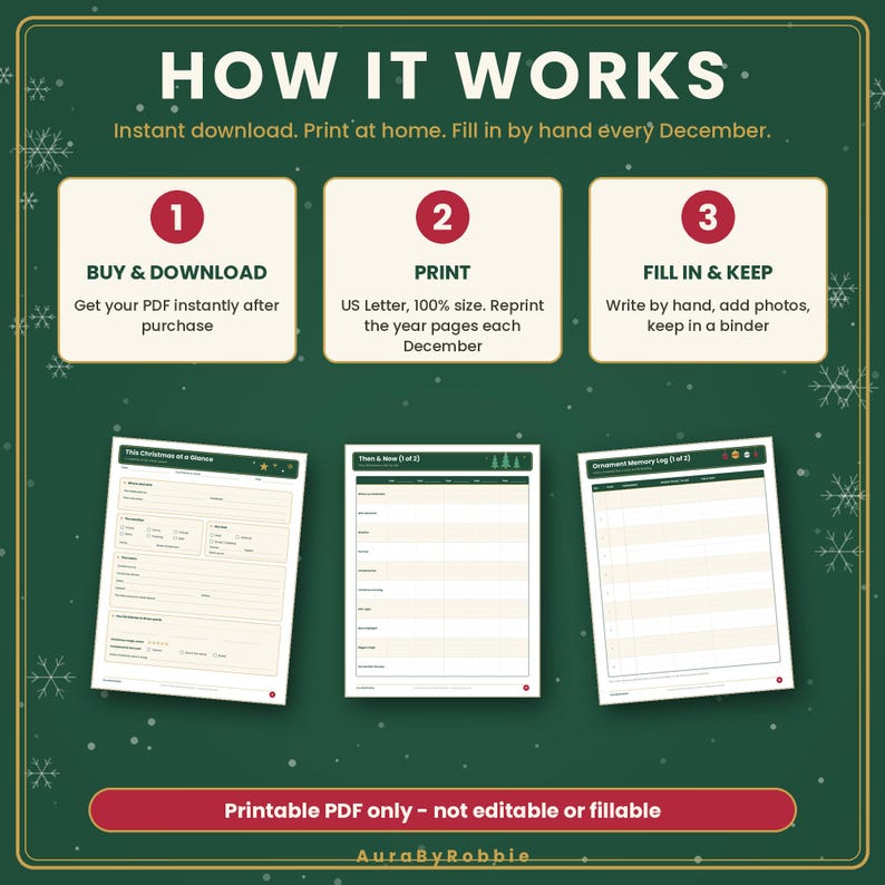 Printbaar kerstherinneringsboek voor het gezin, dagboek met kersttradities, jaarlijks aandenken-scrapbook, lijst met kerstversieringen, verlanglijstje voor kinderen (pdf) afbeelding 4