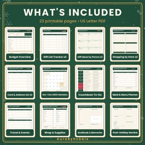 May include: A digital collection of 23 printable US Letter PDF pages for holiday planning. The dark green background features white snowflake accents and displays twelve distinct planning templates, including budget, gift, calendar, and meal trackers.
