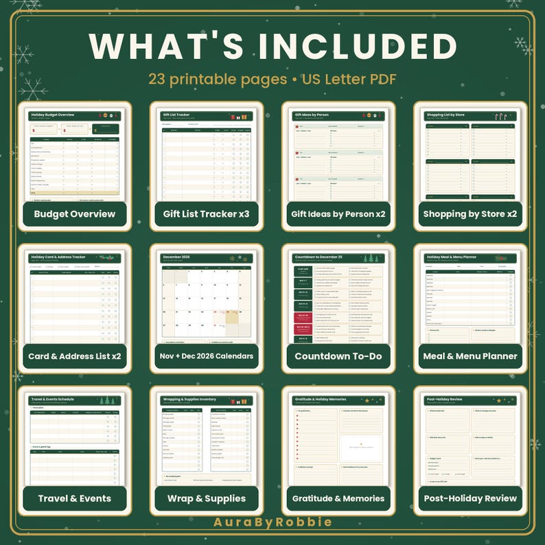 May include: A digital collection of 23 printable US Letter PDF pages for holiday planning. The dark green background features white snowflake accents and displays twelve distinct planning templates, including budget, gift, calendar, and meal trackers.