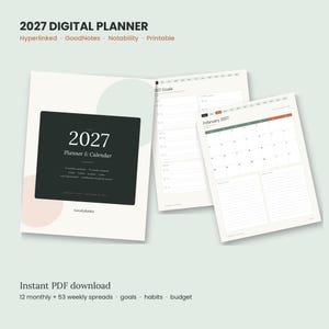 May include: A 2027 digital planner featuring a dark cover with the text 2027 Planner & Calendar, alongside interior pages showing a goals list and a February 2027 calendar grid. The design includes soft pastel circles and clean layouts.