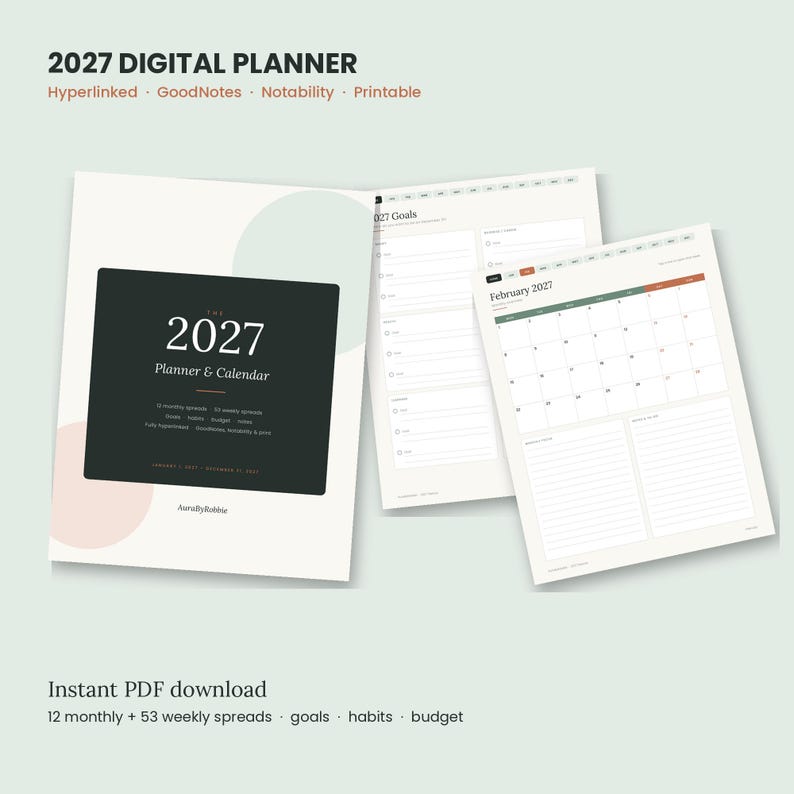 May include: A 2027 digital planner featuring a dark cover with the text 2027 Planner & Calendar, alongside interior pages showing a goals list and a February 2027 calendar grid. The design includes soft pastel circles and clean layouts.