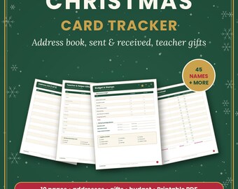 May include: A Christmas card tracker printable PDF set with 10 pages including address lists, teacher gifts, budget, and stamps logs. The dark green background features white snowflakes and text stating 45 names and more.