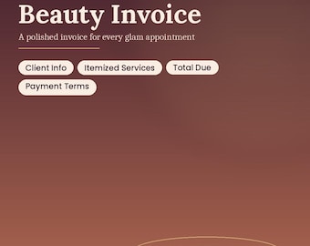 May include: A digital template for a Mobile Hair & Beauty Invoice with a dark brown gradient background. Text includes AURABYROBBIE, QUICK-LOOK, Mobile Hair & Beauty Invoice, A polished invoice for every glam appointment, Client Info, Itemized Services, Total Due, Payment Terms, Quick-Look Template, and AuraByRobbie Canva Template.