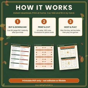 May include: A digital instructional graphic titled HOW IT WORKS with three steps: 1. BUY & DOWNLOAD, 2. PRINT & CUT, 3. HOST & PLAY. Below are three printable PDF pages showing a Hostess Countdown Timeline, pumpkin place cards, and Thanksgiving Bingo.