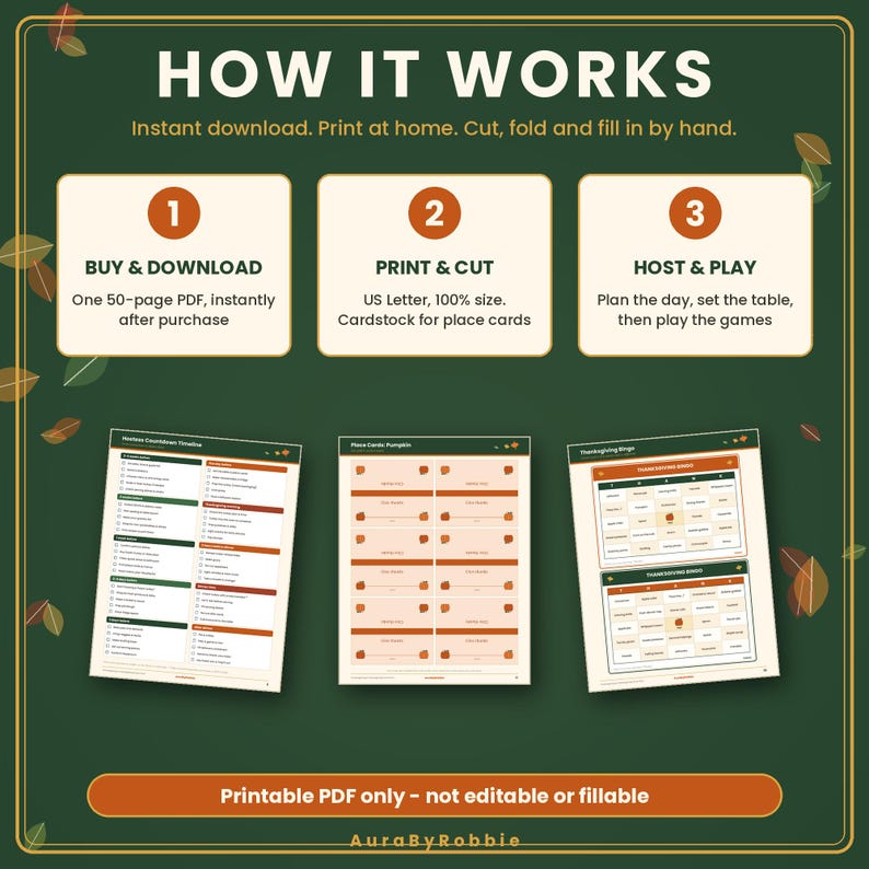 May include: A digital instructional graphic titled HOW IT WORKS with three steps: 1. BUY & DOWNLOAD, 2. PRINT & CUT, 3. HOST & PLAY. Below are three printable PDF pages showing a Hostess Countdown Timeline, pumpkin place cards, and Thanksgiving Bingo.