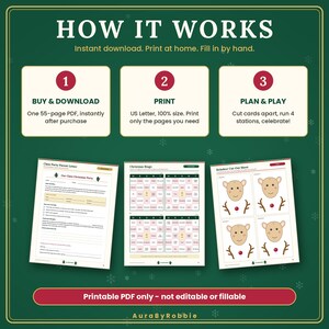 以下が含まれることがあります： HOW IT WORKSと題された3ステップの指示図：1. BUY & DOWNLOAD、2. PRINT、3. PLAN & PLAY。その下には、クラスパーティーの保護者向け手紙、クリスマスビンゴカード、トナカイの切り抜きシートという3つの印刷可能なPDFページが表示されています。