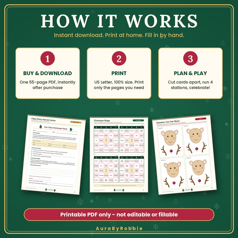 以下が含まれることがあります： HOW IT WORKSと題された3ステップの指示図：1. BUY & DOWNLOAD、2. PRINT、3. PLAN & PLAY。その下には、クラスパーティーの保護者向け手紙、クリスマスビンゴカード、トナカイの切り抜きシートという3つの印刷可能なPDFページが表示されています。