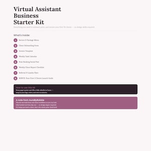 Startpakket voor een virtueel assistent-bedrijf | Pakketmenu, onboardingformulier, factuur, takenkalender en weekrapport | Bewerkbaar Canva-bestand
