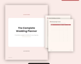 May include: A digital wedding planner set featuring a pale pink cover page with the text The Complete Wedding Planner, Checklists, budget & timeline for your big day, and internal pages including a 12-Month Wedding Countdown and a Wedding Budget Tracker.