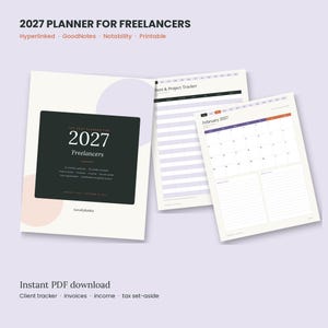 May include: A 2027 digital planner for freelancers featuring a dark cover with white text, a client and project tracker page, and a February 2027 monthly calendar page. The design includes soft pastel circles and organized layouts for tracking income, invoices, and taxes.