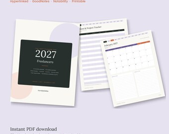 May include: A 2027 digital planner for freelancers featuring a dark cover with white text, a client and project tracker page, and a February 2027 monthly calendar page. The design includes soft pastel circles and organized layouts for tracking income, invoices, and taxes.