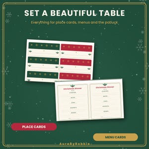 Peut inclure: Un ensemble de marque-places et de menus de No&euml;l imprimables. Les marque-places pr&eacute;sentent des panneaux rouges et verts avec des motifs de flocons dor&eacute;s et du houx. Les menus sont cr&egrave;me avec le texte Christmas Dinner et des sections.