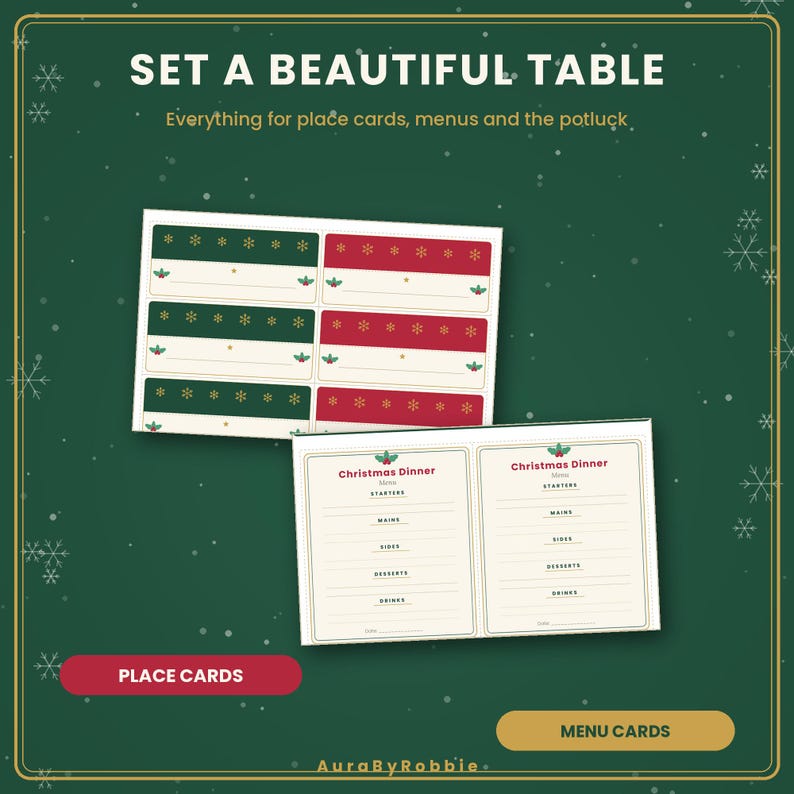 Peut inclure: Un ensemble de marque-places et de menus de No&euml;l imprimables. Les marque-places pr&eacute;sentent des panneaux rouges et verts avec des motifs de flocons dor&eacute;s et du houx. Les menus sont cr&egrave;me avec le texte Christmas Dinner et des sections.