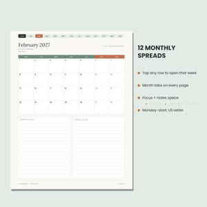 May include: A digital planner page for February 2027 featuring a monthly calendar grid with a Monday start, monthly tabs, and sections for monthly focus and notes. The text includes 12 MONTHLY SPREADS, Tap any row to open that week, and US Letter.