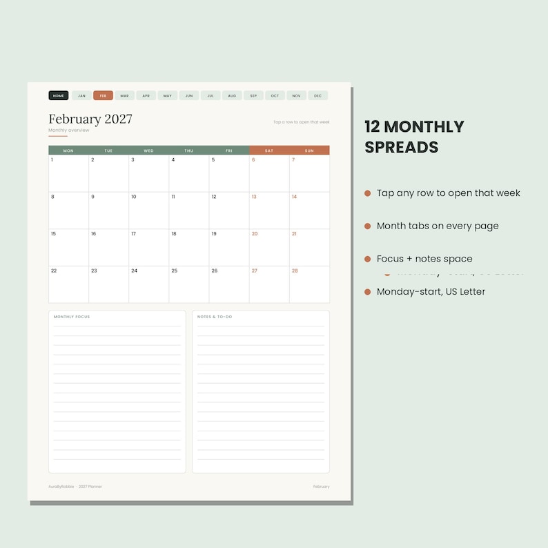 May include: A digital planner page for February 2027 featuring a monthly calendar grid with a Monday start, monthly tabs, and sections for monthly focus and notes. The text includes 12 MONTHLY SPREADS, Tap any row to open that week, and US Letter.