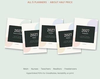 May include: A digital 2027 planner bundle featuring five distinct covers with black rectangular centers, white backgrounds, and pastel circular accents. Text includes 2027 Planner Bundle, All 5 Planners, About Half Price, and specific titles.