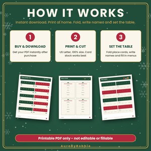 Peut inclure: Un graphique d'instructions intitul&eacute; HOW IT WORKS avec trois &eacute;tapes : 1. BUY & DOWNLOAD, 2. PRINT & CUT, 3. SET THE TABLE. Ci-dessous, trois feuilles PDF imprimables avec des marque-places, des menus et des &eacute;tiquettes rouges et verts.