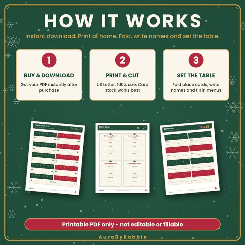 Peut inclure: Un graphique d'instructions intitul&eacute; HOW IT WORKS avec trois &eacute;tapes : 1. BUY & DOWNLOAD, 2. PRINT & CUT, 3. SET THE TABLE. Ci-dessous, trois feuilles PDF imprimables avec des marque-places, des menus et des &eacute;tiquettes rouges et verts.