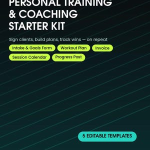 May include: A digital template set titled Personal Training & Coaching Starter Kit by Hustle Hired. It includes five editable templates: Intake & Goals Form, Workout Plan, Invoice, Session Calendar, and Progress Post, designed for business organization.