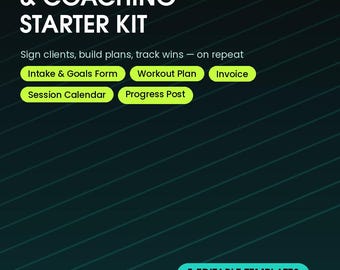 Może przedstawiać: Zestaw szablonów cyfrowych zatytułowany Personal Training & Coaching Starter Kit od Hustle Hired. Zawiera pięć edytowalnych szablonów: Intake & Goals Form, Workout Plan, Invoice, Session Calendar oraz Progress Post, zaprojektowanych do organizacji biznesowej.