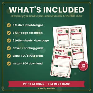 May include: A digital printable set featuring Santa Mail labels with red and green striped borders, including 5 label designs, 5 full-page 4x6 inch labels, 5 letter sheets, a cover, a printing guide, and blank to and from areas on a dark green background.