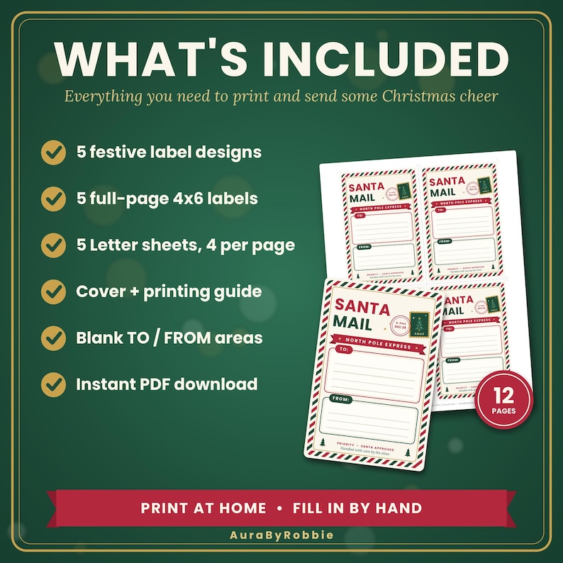 May include: A digital printable set featuring Santa Mail labels with red and green striped borders, including 5 label designs, 5 full-page 4x6 inch labels, 5 letter sheets, a cover, a printing guide, and blank to and from areas on a dark green background.