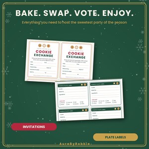 Puede incluir: Un conjunto de invitaciones y etiquetas para intercambio de galletas sobre un fondo verde oscuro. Las invitaciones incluyen el texto BAKE. SWAP. VOTE. ENJOY. y campos para fecha, hora, lugar y RSVP. Las etiquetas incluyen casillas para ingredientes.