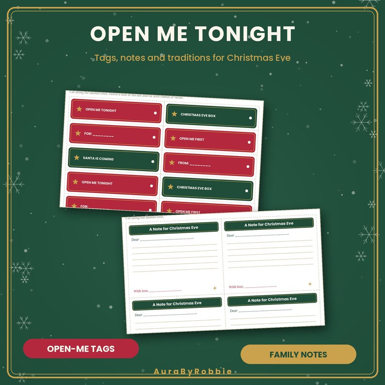 Kit stampabile per la scatola della Vigilia di Natale, etichette "Aprimi stasera", bigliettini per la famiglia, lista delle tradizioni, etichette per gli snack di Babbo Natale, PDF di Natale per bambini immagine 3