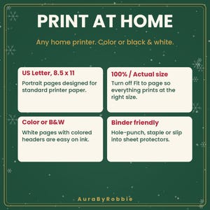 May include: A dark green informational graphic with white text titled PRINT AT HOME. It specifies A4-compatible sizing, 100% actual size printing, colour or black and white options, and binder-friendly features for standard home printer paper.