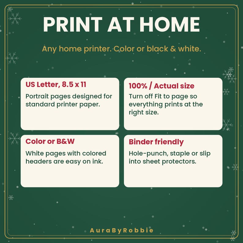 May include: A dark green informational graphic with white text titled PRINT AT HOME. It specifies A4-compatible sizing, 100% actual size printing, colour or black and white options, and binder-friendly features for standard home printer paper.