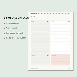 May include: A digital weekly planner page featuring 53 weekly spreads, seven day boxes, and a weekly focus box. The layout includes navigation tabs for months, dates from Dec 28, 2026 to Jan 2, 2028, and lined sections for daily planning.