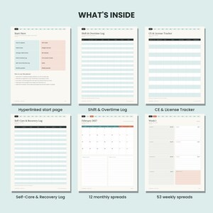 May include: A digital planner layout titled WHAT'S INSIDE featuring six pages: a hyperlinked start page, a shift and overtime log, a CE and license tracker, a self-care and recovery log, a February 2027 monthly calendar, and a weekly spread.