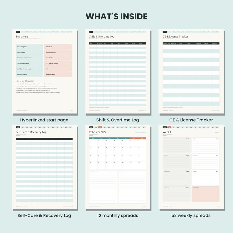 May include: A digital planner layout titled WHAT'S INSIDE featuring six pages: a hyperlinked start page, a shift and overtime log, a CE and license tracker, a self-care and recovery log, a February 2027 monthly calendar, and a weekly spread.