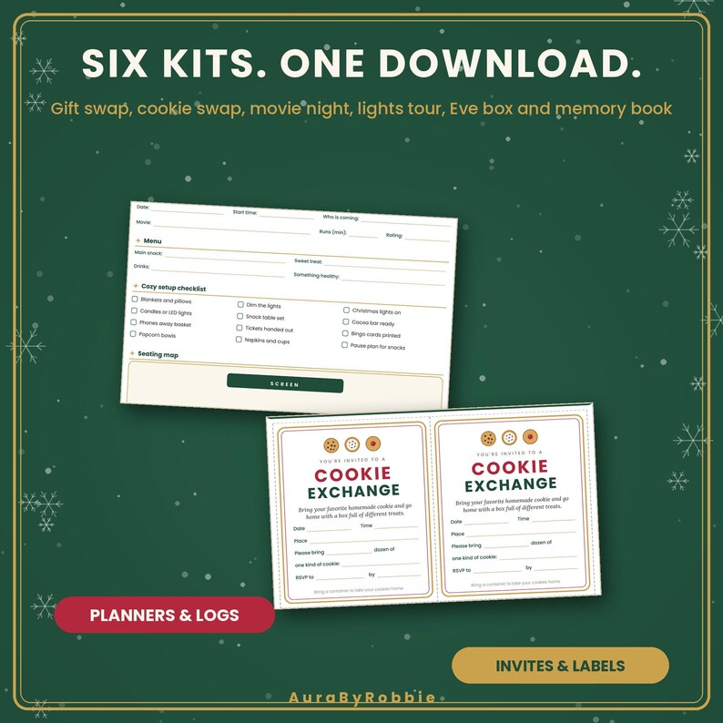 Pode incluir: Um conjunto de download digital com seis kits para eventos festivos. A imagem mostra um planejador de noite de cinema com uma lista de verifica&ccedil;&atilde;o e dois convites para uma troca de biscoitos com campos para data, hora e local.
