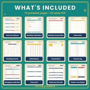 May include: A digital collection of 79 printable pages in US Letter PDF format, featuring twelve distinct teacher planning templates including year at a glance, monthly calendars, weekly lesson plans, class lists, seating charts, attendance, and grade books.