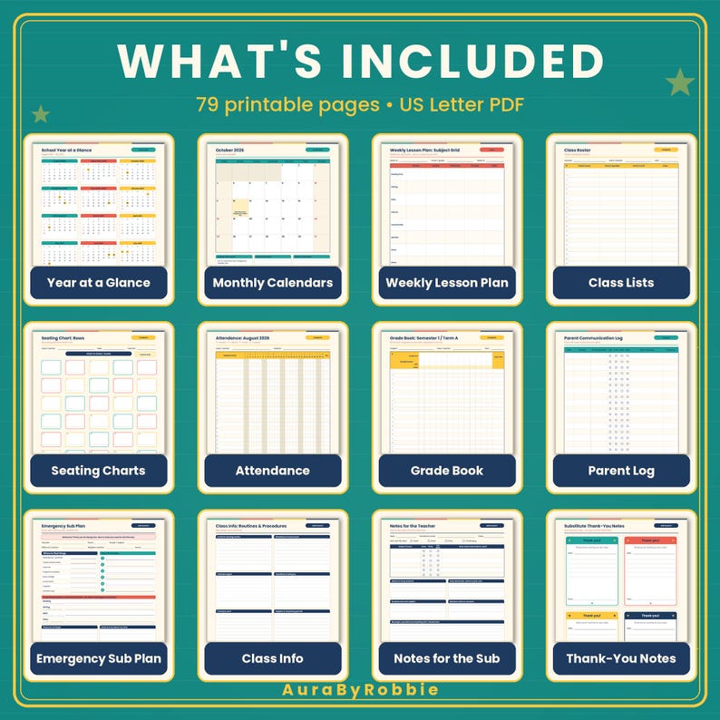 May include: A digital collection of 79 printable pages in US Letter PDF format, featuring twelve distinct teacher planning templates including year at a glance, monthly calendars, weekly lesson plans, class lists, seating charts, attendance, and grade books.