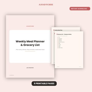 May include: A digital weekly meal planner and grocery list template set featuring six printable pages. The cover page displays the text Weekly Meal Planner & Grocery List, while the interior pages include sections for meal planning and produce and dairy.