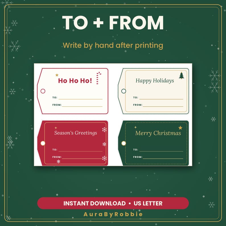 Christmas Gift Tags Printable, 24 Holiday Gift Tags with To and From Lines, 4 Designs, PDF Instant Download image 4