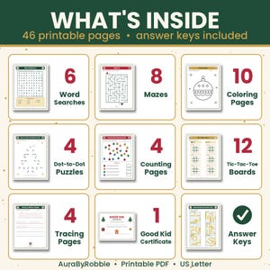 May include: A printable activity set titled WHAT'S INSIDE with 46 pages including 6 word searches, 8 mazes, 10 colouring pages, 4 dot-to-dot puzzles, 4 counting pages, 12 tic-tac-toe boards, 4 tracing pages, 1 good kid certificate, and answer keys.