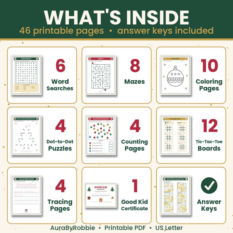 May include: A printable activity set titled WHAT'S INSIDE with 46 pages including 6 word searches, 8 mazes, 10 colouring pages, 4 dot-to-dot puzzles, 4 counting pages, 12 tic-tac-toe boards, 4 tracing pages, 1 good kid certificate, and answer keys.