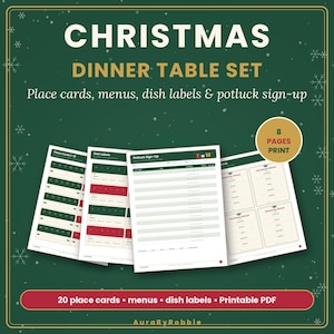 Peut inclure: Un ensemble de table pour le d&icirc;ner de No&euml;l comprenant des marque-places, des menus, des &eacute;tiquettes de plats et une feuille d'inscription pour potluck &agrave; imprimer. 8 pages &agrave; imprimer, 20 marque-places, menus et &eacute;tiquettes par AuraByRobbie.
