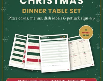 Christmas Dinner Place Cards Printable, Menu Cards, Potluck Sign Up Sheet, Dish Labels, Seating Plan, Holiday Table Set PDF