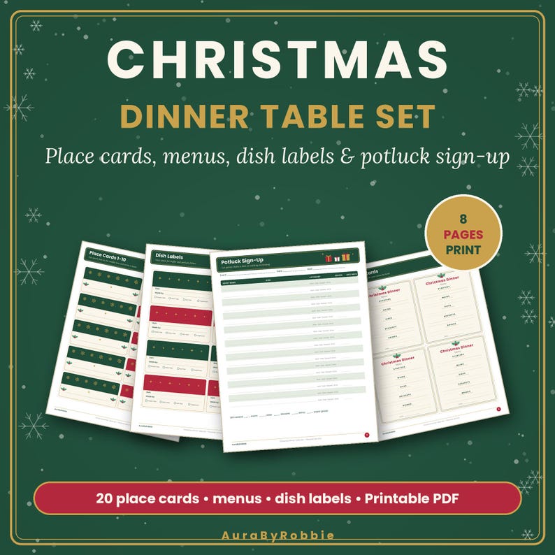 Peut inclure: Un ensemble de table pour le d&icirc;ner de No&euml;l comprenant des marque-places, des menus, des &eacute;tiquettes de plats et une feuille d'inscription pour potluck &agrave; imprimer. 8 pages &agrave; imprimer, 20 marque-places, menus et &eacute;tiquettes par AuraByRobbie.