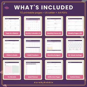 May include: A digital planner set featuring 112 printable pages in US Letter and A4 formats. The purple graphic displays twelve sections including Year at a Glance, Monthly Calendars, Monthly Focus, Weekly Pages, Vision & Goals, Habit Trackers, Monthly Budgets, 52-Week Savings, To-Do Lists, Meal Planner, Reflection Pages, and Dotted Notes, branded as AuraByRobbie.