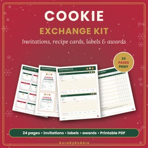 Puede incluir: Un kit de intercambio de galletas con 24 p&aacute;ginas imprimibles que incluyen invitaciones, tarjetas de recetas, etiquetas de regalo y una hoja de registro. El dise&ntilde;o presenta colores rojo y verde. El texto dice Cookie Exchange Kit.