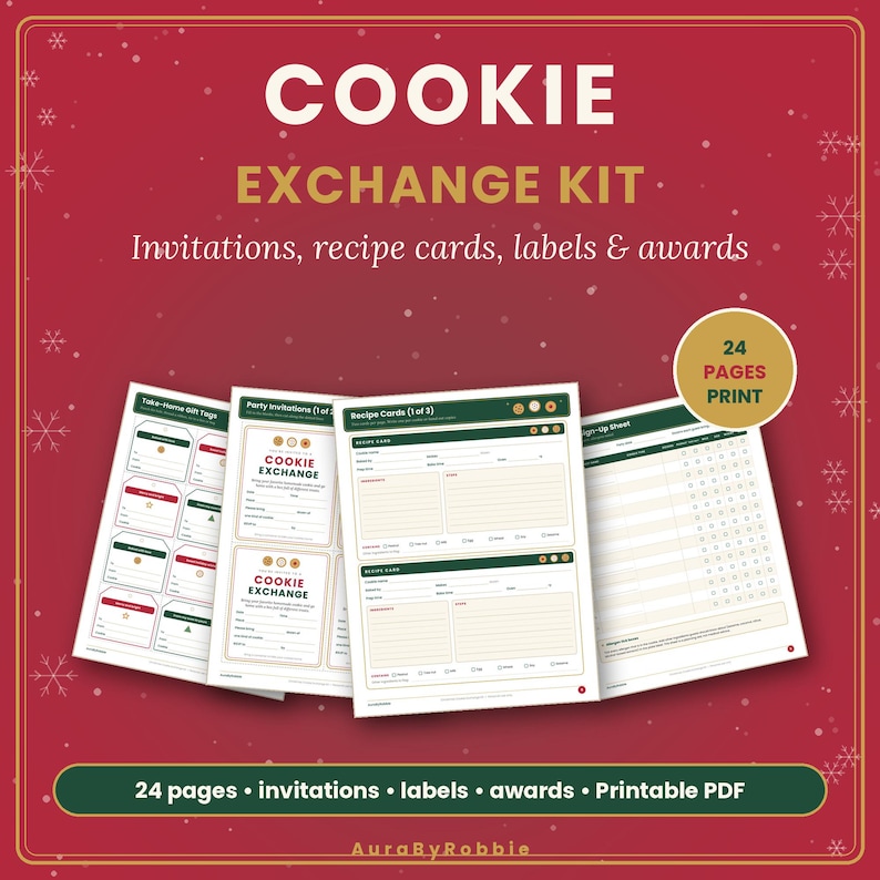 Puede incluir: Un kit de intercambio de galletas con 24 p&aacute;ginas imprimibles que incluyen invitaciones, tarjetas de recetas, etiquetas de regalo y una hoja de registro. El dise&ntilde;o presenta colores rojo y verde. El texto dice Cookie Exchange Kit.