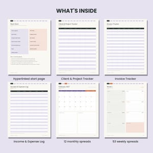 May include: A digital planner layout featuring six pages labeled What's Inside. Pages include a Start Here page, Client & Project Tracker, Invoice Tracker, Income & Expense Log, a February 2027 monthly calendar, and a Week 1 weekly spread.