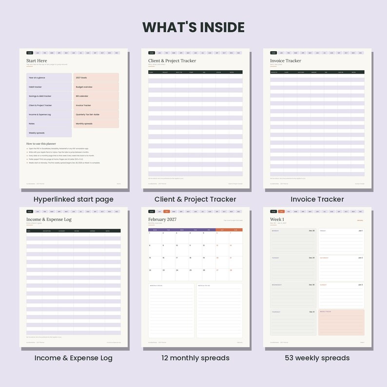 May include: A digital planner layout featuring six pages labeled What's Inside. Pages include a Start Here page, Client & Project Tracker, Invoice Tracker, Income & Expense Log, a February 2027 monthly calendar, and a Week 1 weekly spread.
