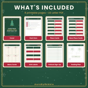 Peut inclure: Un ensemble imprimable num&eacute;rique comprenant huit pages PDF au format US Letter pour un d&icirc;ner de No&euml;l. Il inclut une couverture, des instructions, des marque-places, des menus, des &eacute;tiquettes de plats, une feuille d'inscription et un plan de table.